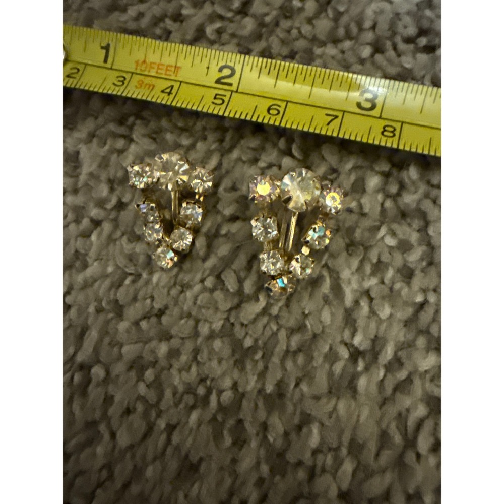 Vintage Aurora Borealis Rhinestone Screw Back Earrings Gold Tone V Shape Cluster